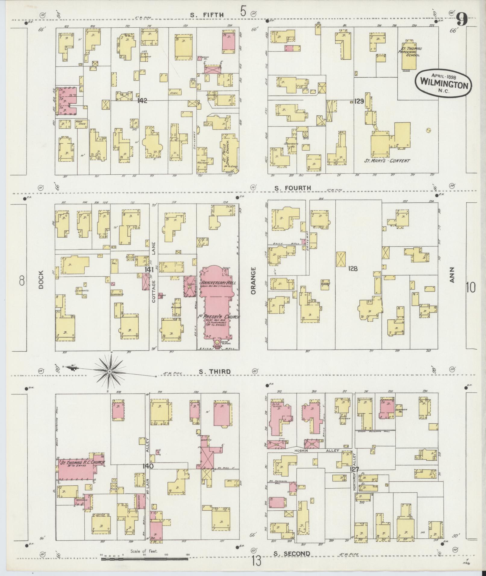 Sanborn Fire Insurance Map from Wilmington, New Hanover County, North Carolina (1898), Sheet #0009 - Historic Sanborn Fire Insurance Map Print, vintage old map wall art, antique decor, genealogy gift, North Carolina North Carolina map