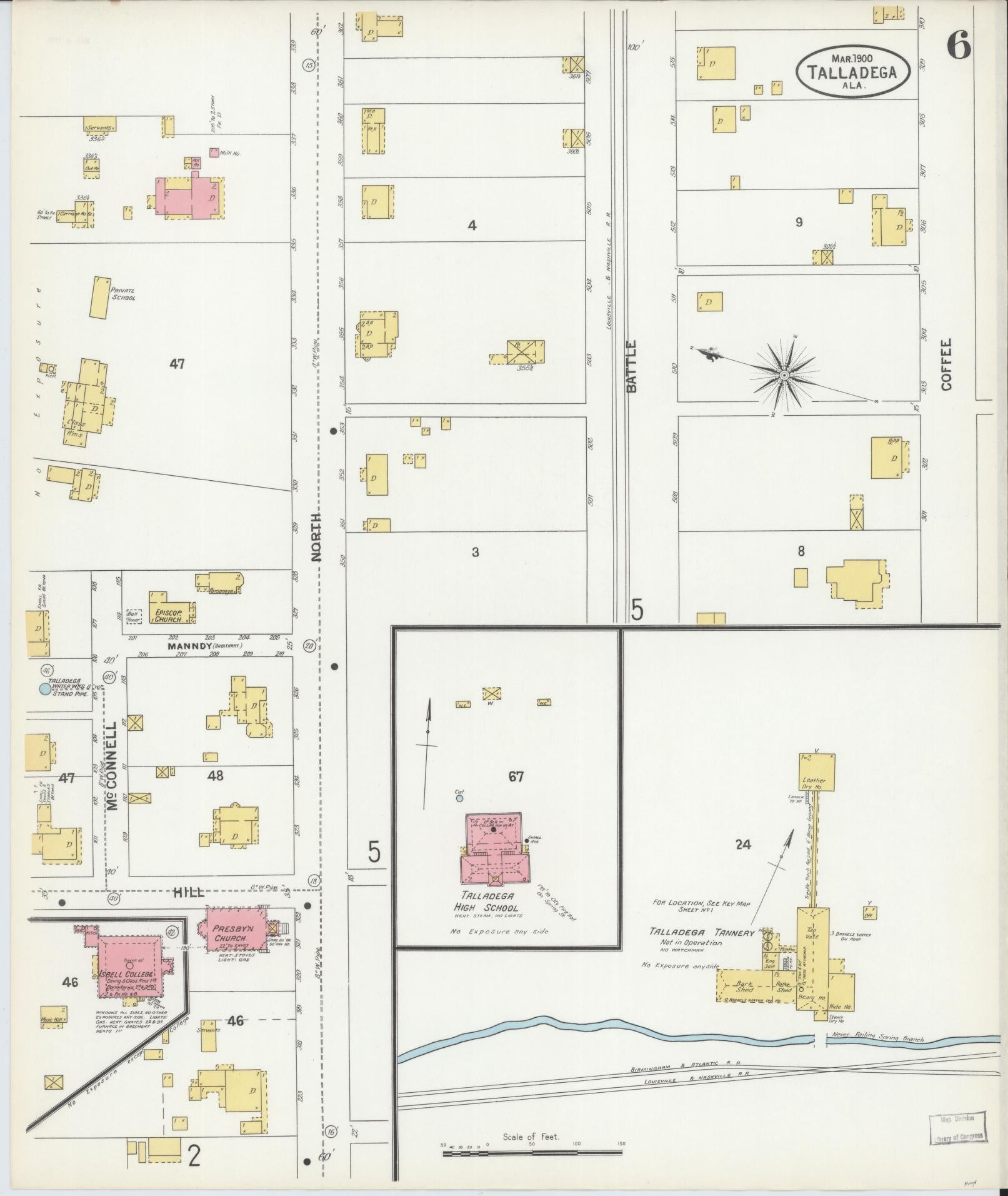 Sanborn Fire Insurance Map from Talladega, Talladega County, Alabama (1900), Sheet #0006 - Historic Sanborn Fire Insurance Map Print, vintage old map wall art, antique decor, genealogy gift, Alabama Alabama map