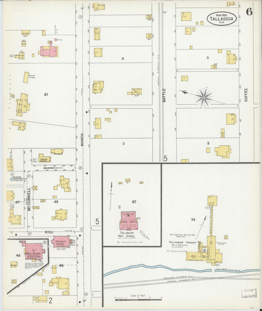 Sanborn Fire Insurance Map from Talladega, Talladega County, Alabama (1900), Sheet #0006 - Historic Sanborn Fire Insurance Map Print, vintage old map wall art, antique decor, genealogy gift, Alabama Alabama map