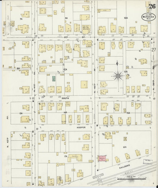 Sanborn Fire Insurance Map from Meridian, Lauderdale County, Mississippi (1906), Sheet #0026 - Historic Sanborn Fire Insurance Map Print, vintage old map wall art, antique decor, genealogy gift, Mississippi Mississippi map
