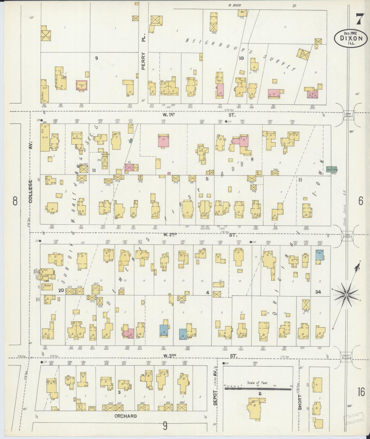 Sanborn Fire Insurance Map from Dixon, Lee County, Illinois (1902), Sheet #0007 - Complete Map Set gallery image, historic Sanborn map, vintage wall art, Illinois Illinois