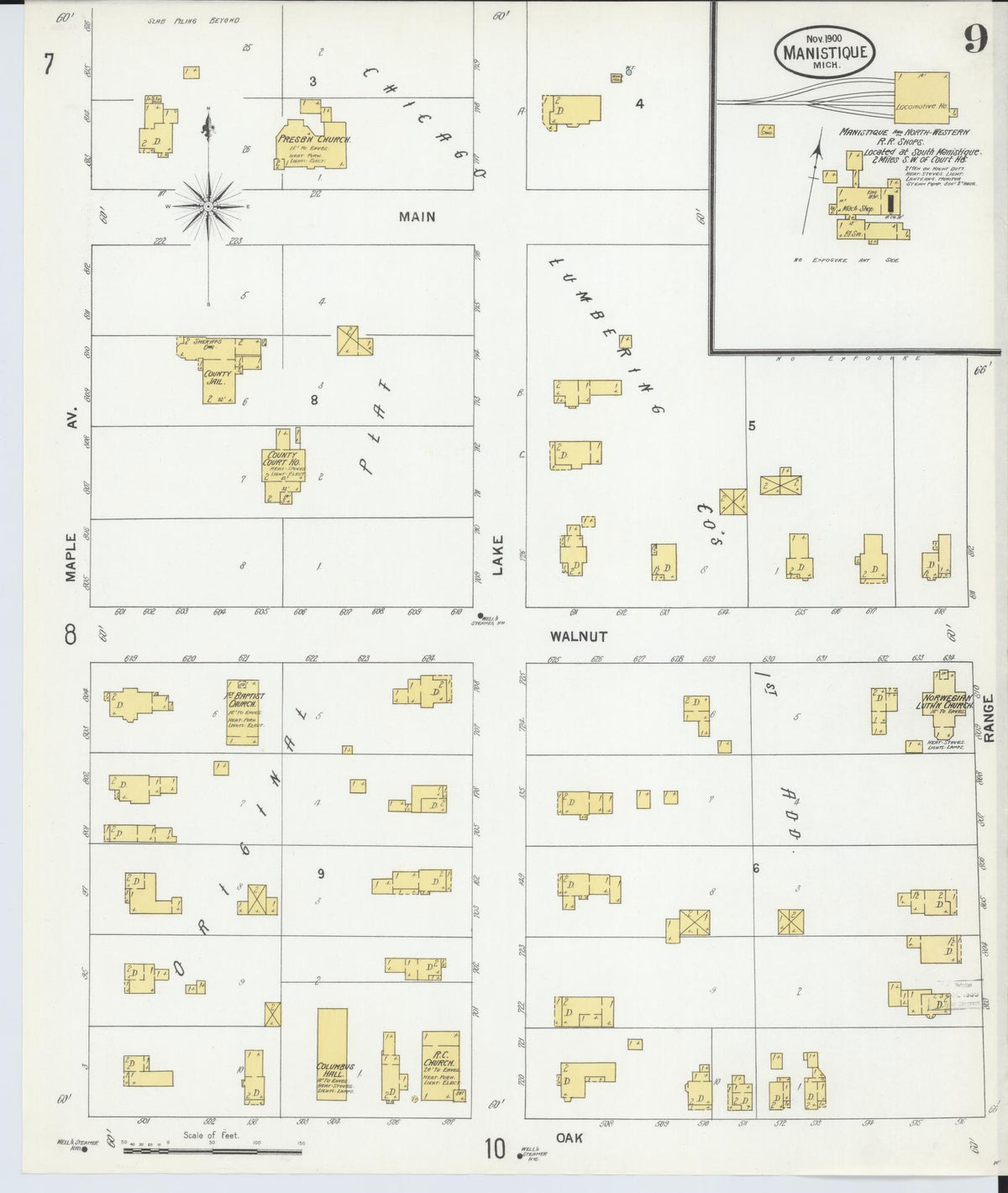 Sanborn Fire Insurance Map from Manistique, Schoolcraft County, Michigan (1900), Sheet #0009 - Historic Sanborn Fire Insurance Map Print, vintage old map wall art, antique decor, genealogy gift, Michigan Michigan map