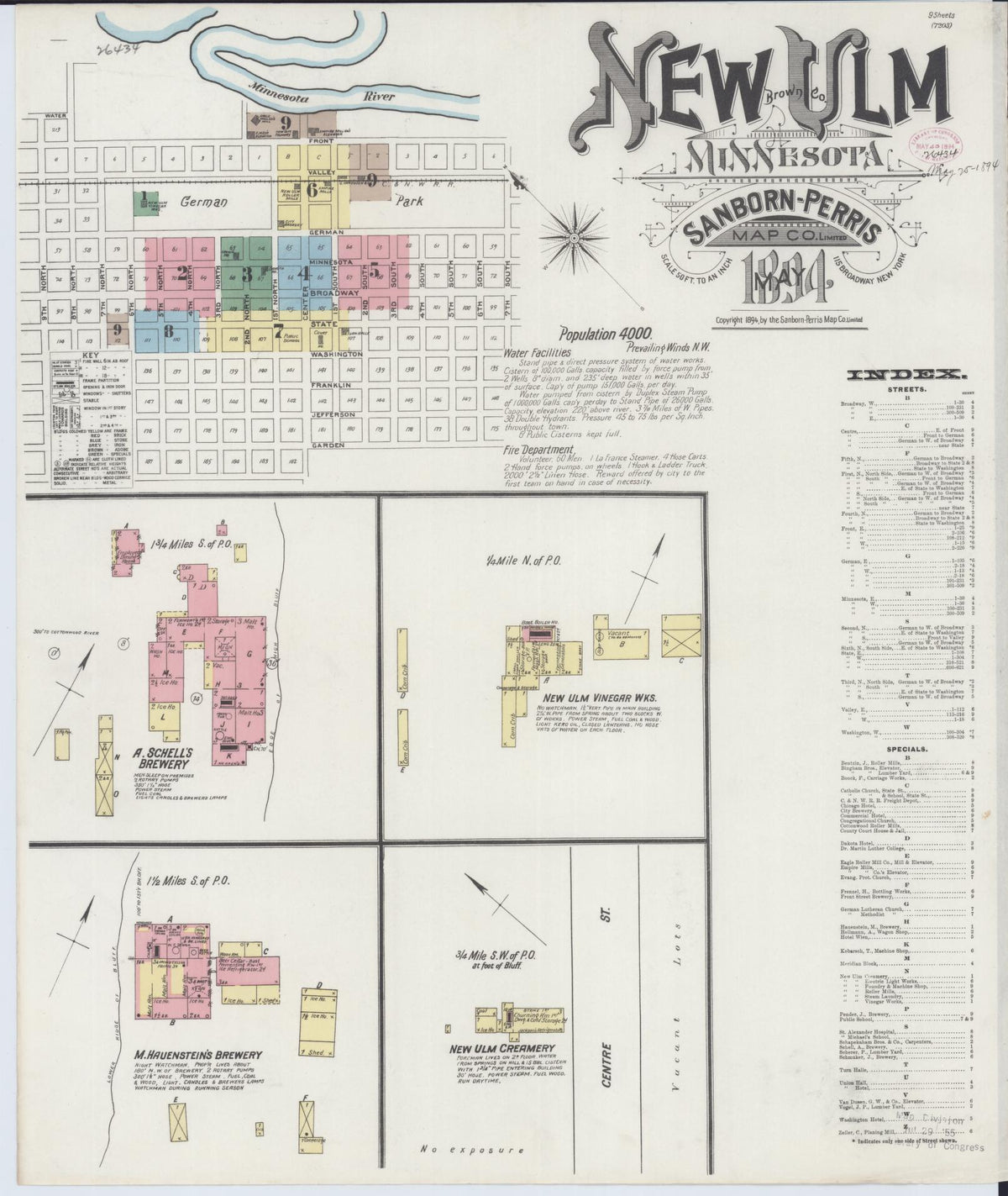 Sanborn Fire Insurance Map from New Ulm, Brown County, Minnesota (1894), Sheet #0001 - Historic Sanborn Fire Insurance Map Print, vintage old map wall art, antique decor, genealogy gift, Minnesota Minnesota map