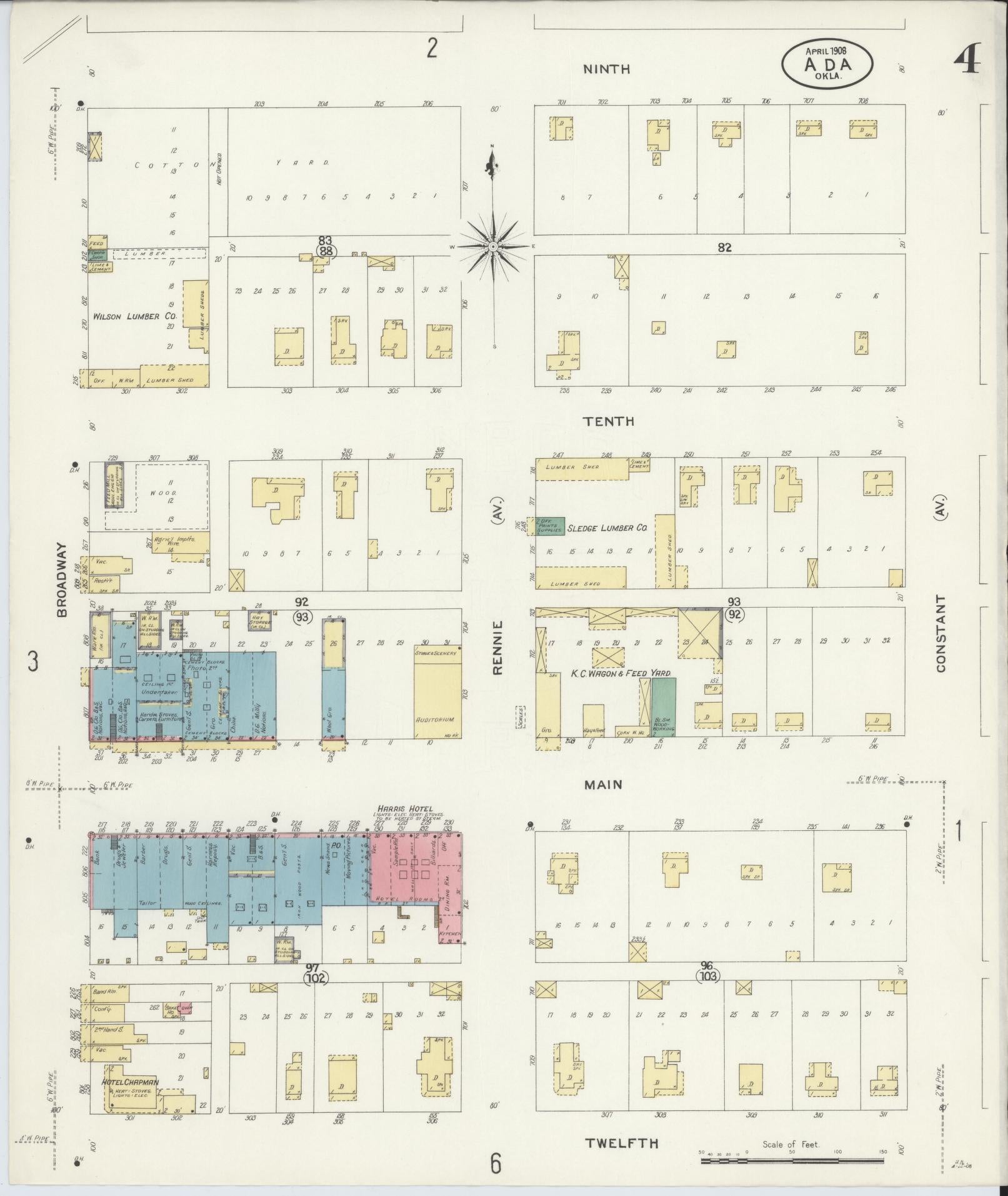 Sanborn Fire Insurance Map from Ada, Pontotoc County, Oklahoma (1908), Sheet #0004 - Historic Sanborn Fire Insurance Map Print, vintage old map wall art, antique decor, genealogy gift, Oklahoma Oklahoma map