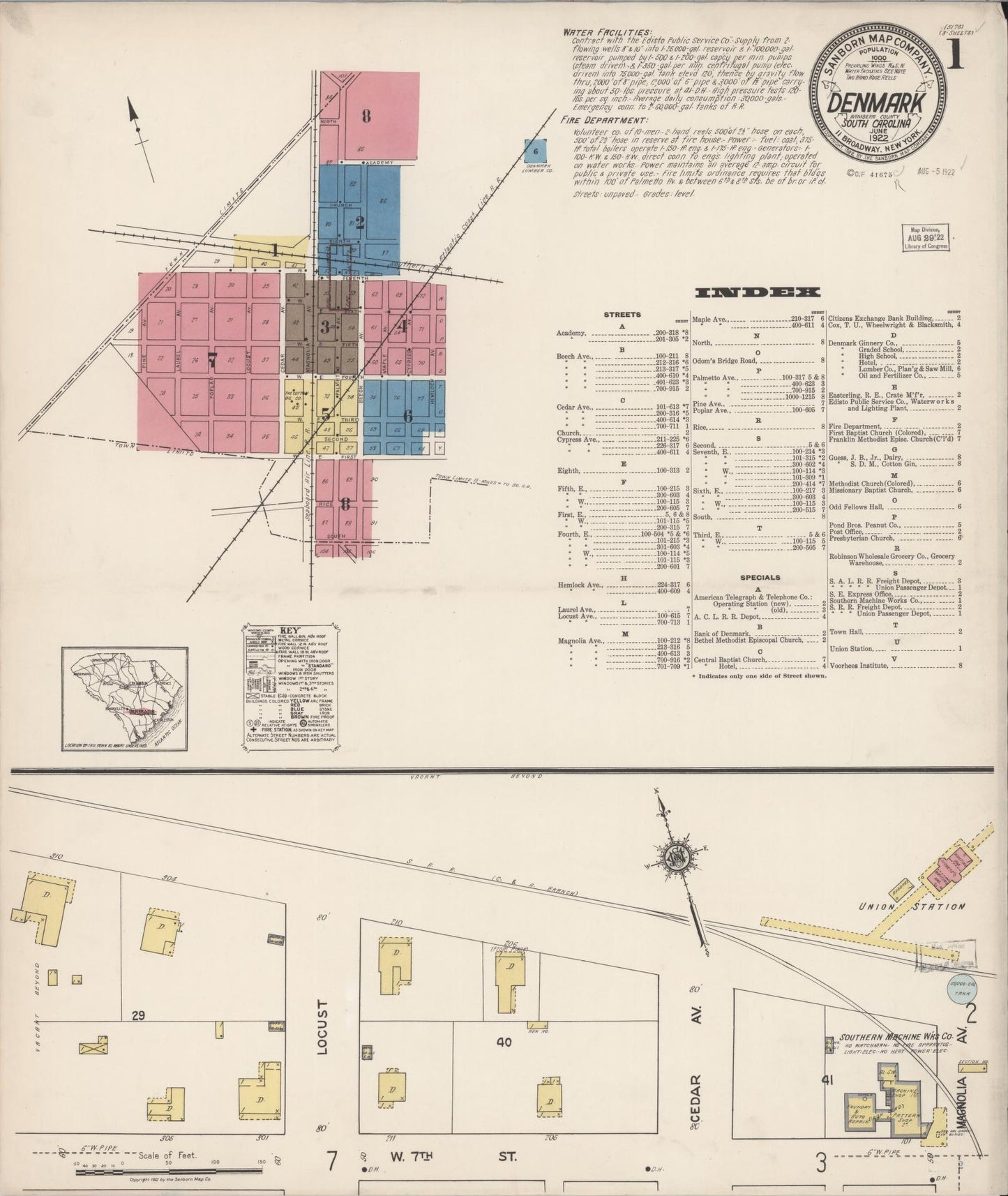 Sanborn Fire Insurance Map from Denmark, Bamberg County, South Carolina (1922), Sheet #0001 - Historic Sanborn Fire Insurance Map Print, vintage old map wall art, antique decor, genealogy gift, South Carolina South Carolina map