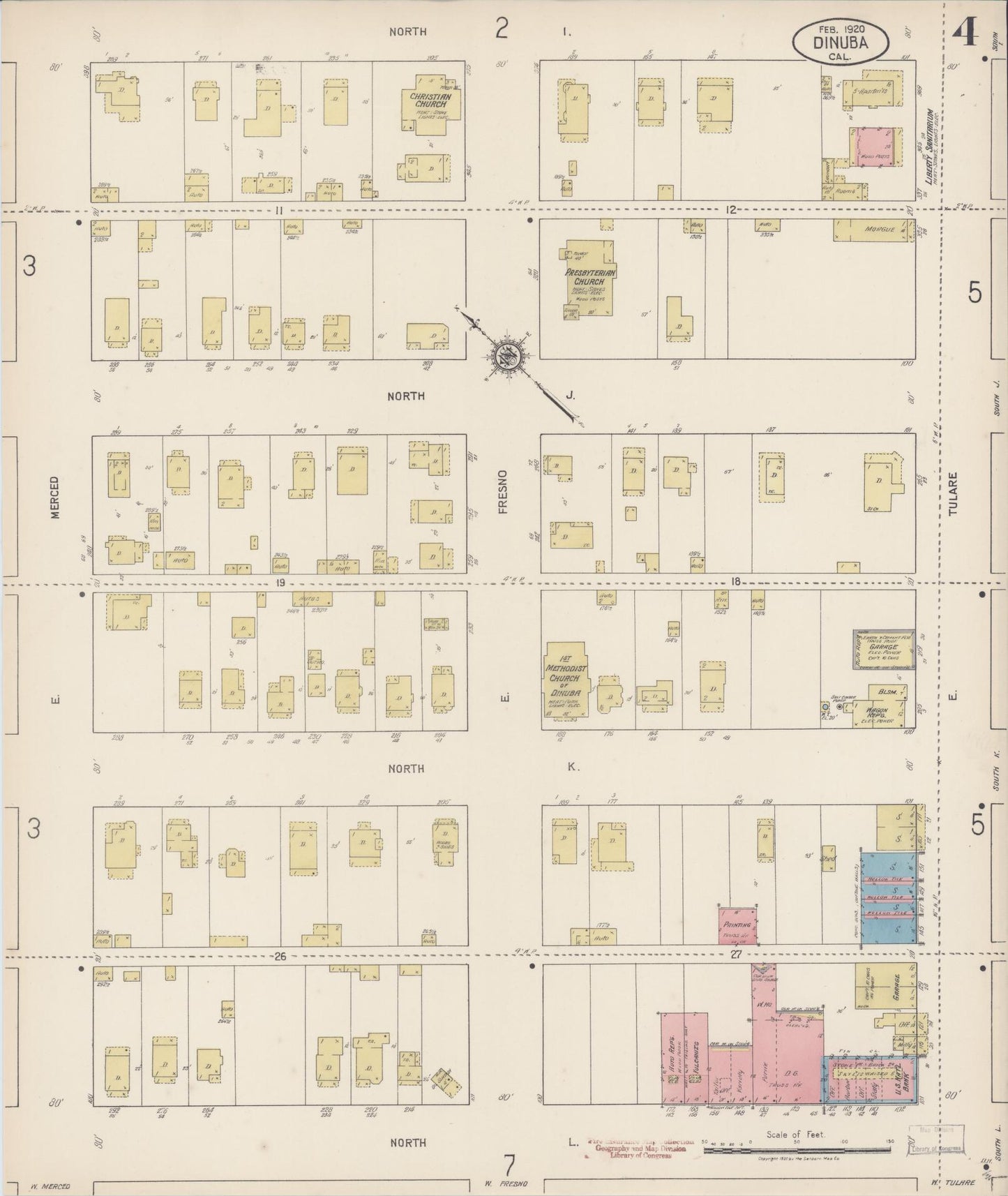 Sanborn Fire Insurance Map from Dinuba, Tulare County, California (1920), Sheet #0004 - Complete Map Set gallery image, historic Sanborn map, vintage wall art, California California