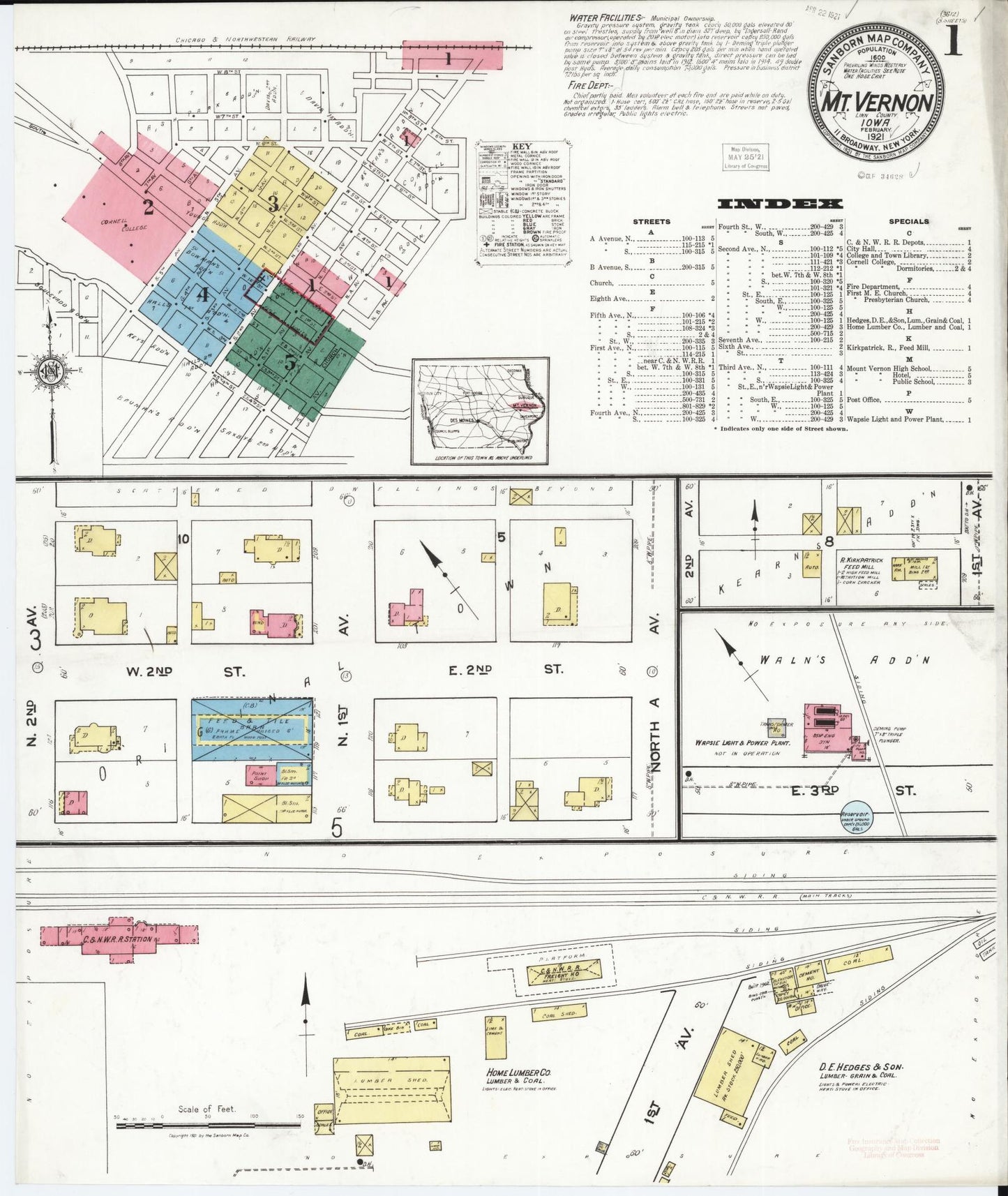 Sanborn Fire Insurance Map from Mount Vernon, Linn County, Iowa (1921), Sheet #0001 - Historic Sanborn Fire Insurance Map Print