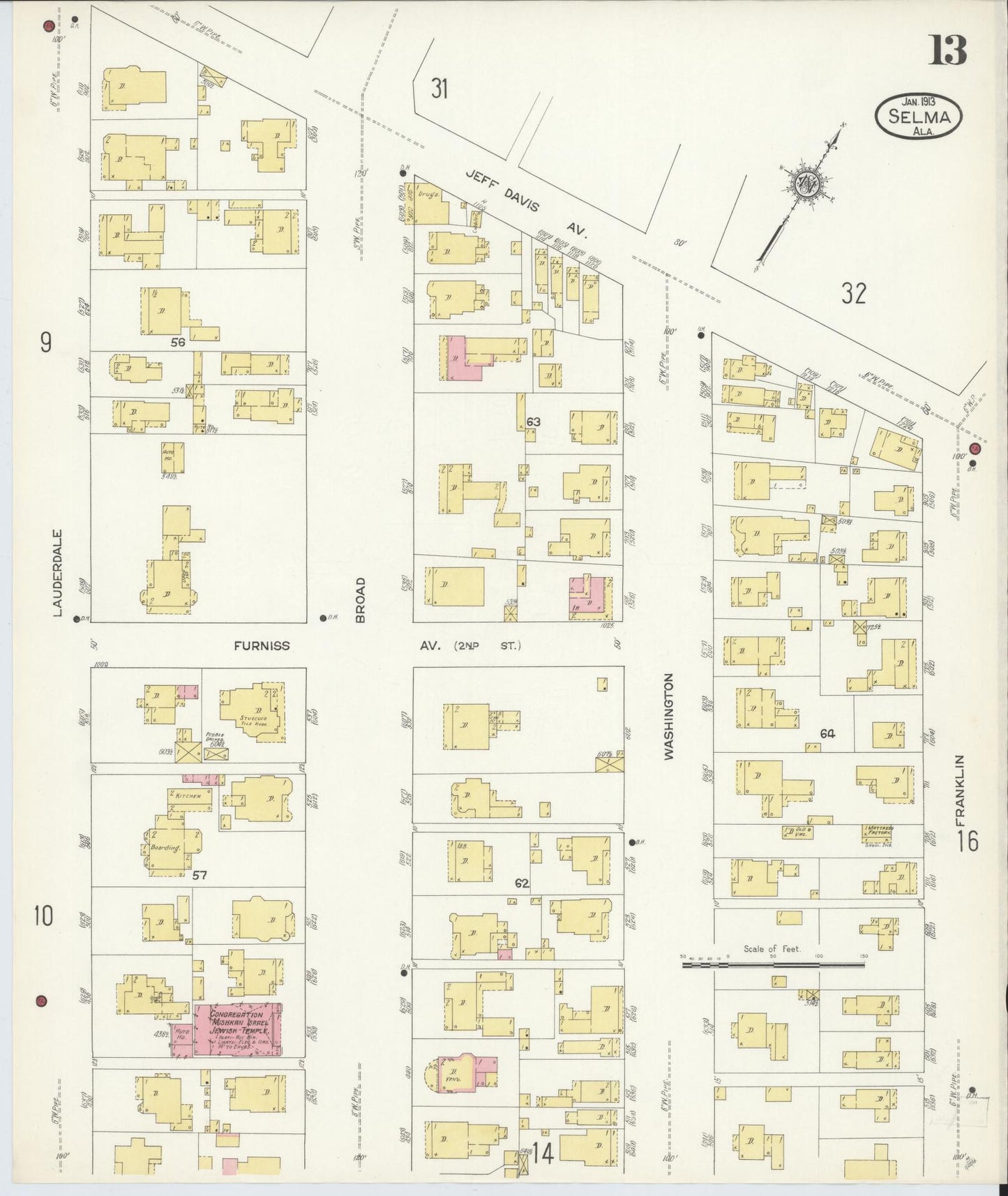 Sanborn Fire Insurance Map from Selma, Dallas County, Alabama (1913), Sheet #0013 - Historic Sanborn Fire Insurance Map Print, vintage old map wall art, antique decor, genealogy gift, Alabama Alabama map