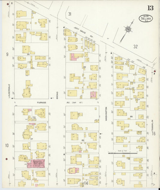 Sanborn Fire Insurance Map from Selma, Dallas County, Alabama (1913), Sheet #0013 - Historic Sanborn Fire Insurance Map Print, vintage old map wall art, antique decor, genealogy gift, Alabama Alabama map