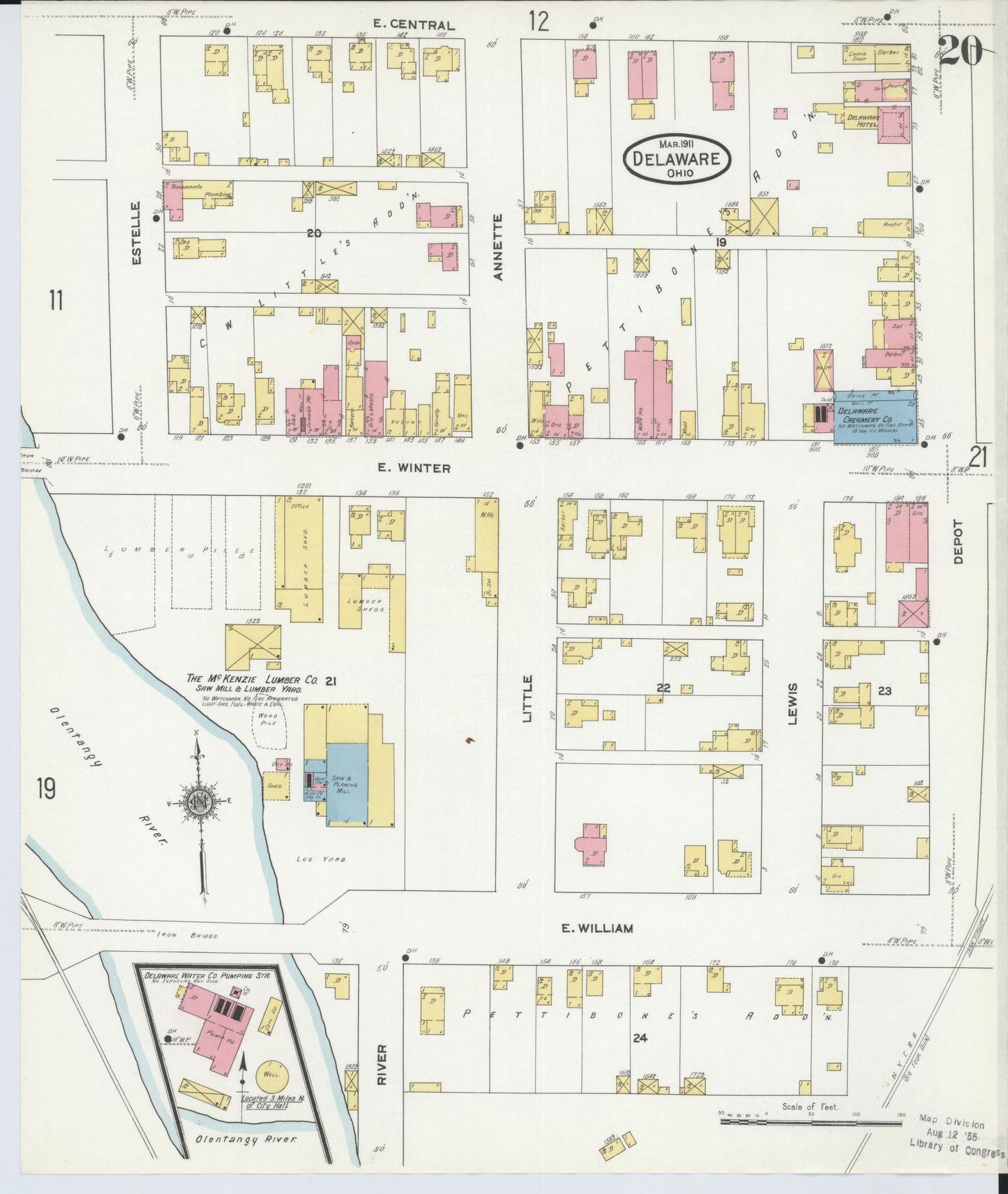 Sanborn Fire Insurance Map from Delaware, Delaware County, Ohio (1911), Sheet #0020 - Historic Sanborn Fire Insurance Map Print, vintage old map wall art, antique decor, genealogy gift, Sanborn Fire Insurance Map from Delaware Delaware map