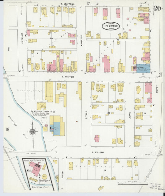 Sanborn Fire Insurance Map from Delaware, Delaware County, Ohio (1911), Sheet #0020 - Historic Sanborn Fire Insurance Map Print, vintage old map wall art, antique decor, genealogy gift, Sanborn Fire Insurance Map from Delaware Delaware map