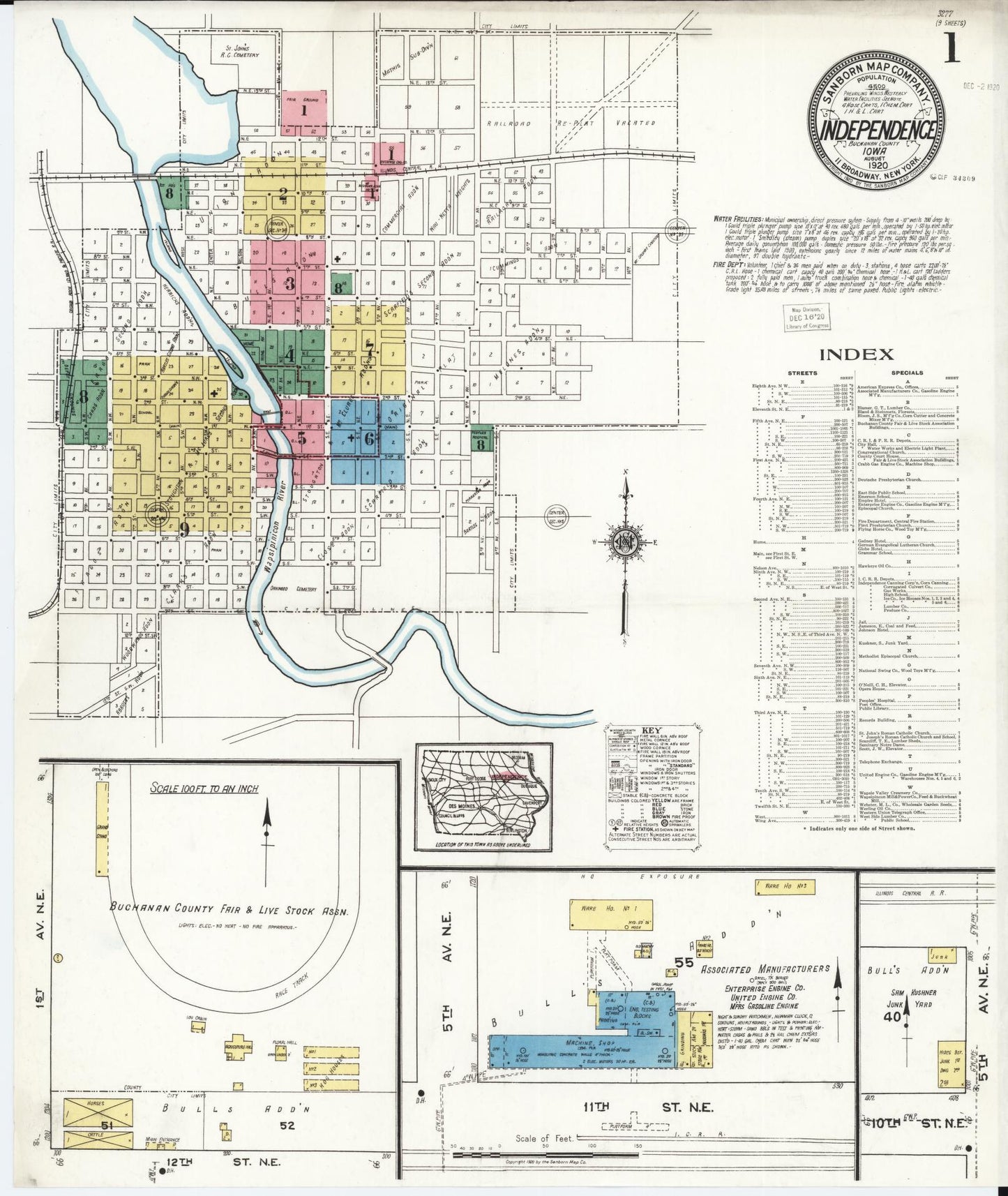 Sanborn Fire Insurance Map from Independence, Buchanan County, Iowa (1920), Sheet #0001 - Historic Sanborn Fire Insurance Map Print, vintage old map wall art