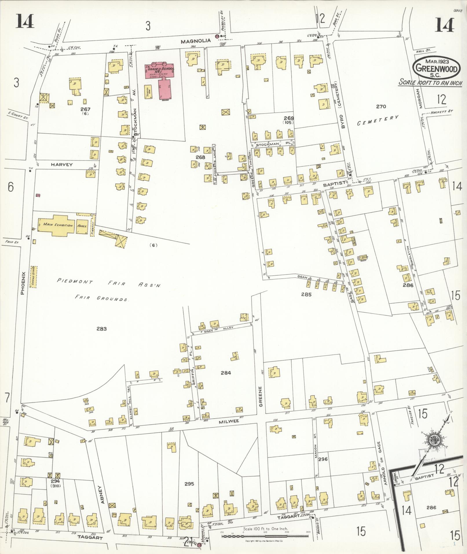 Sanborn Fire Insurance Map from Greenwood, Greenwood County, South Carolina (1923), Sheet #0014 - Historic Sanborn Fire Insurance Map Print, vintage old map wall art, antique decor, genealogy gift, South Carolina South Carolina map