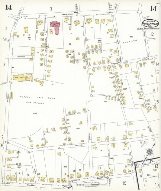 Sanborn Fire Insurance Map from Greenwood, Greenwood County, South Carolina (1923), Sheet #0014 - Historic Sanborn Fire Insurance Map Print, vintage old map wall art, antique decor, genealogy gift, South Carolina South Carolina map