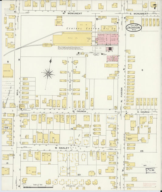 Sanborn Fire Insurance Map from Jackson, Hinds County, Mississippi (1909), Sheet #0007 - Historic Sanborn Fire Insurance Map Print, vintage old map wall art, antique decor, genealogy gift, Mississippi Mississippi map
