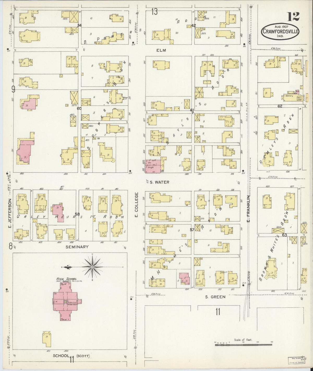 Sanborn Fire Insurance Map from Crawfordsville, Montgomery County, Indiana (1907), Sheet #0012 - Historic Sanborn Fire Insurance Map Print, vintage old map wall art, antique decor, genealogy gift, Indiana Indiana map