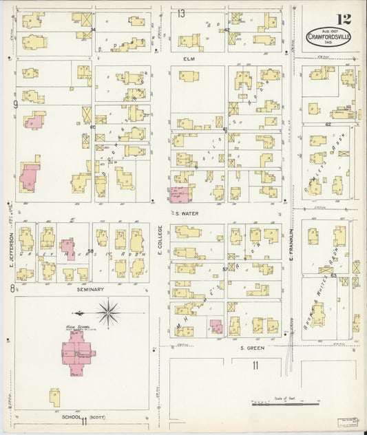Sanborn Fire Insurance Map from Crawfordsville, Montgomery County, Indiana (1907), Sheet #0012 - Historic Sanborn Fire Insurance Map Print, vintage old map wall art, antique decor, genealogy gift, Indiana Indiana map