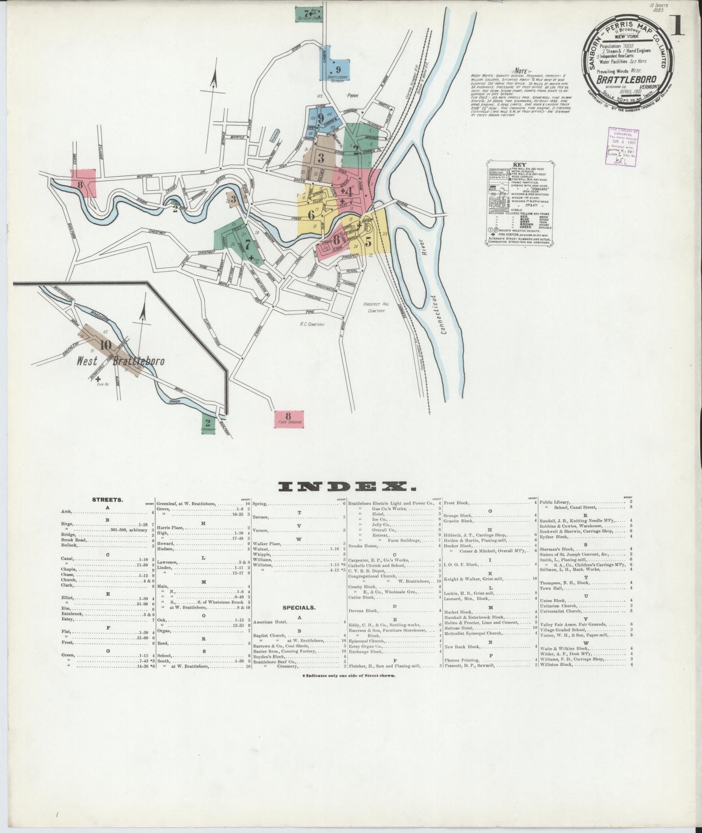Sanborn Fire Insurance Map from Brattleboro, Windham County, Vermont (1901), Sheet #0001 - Complete Map Set gallery image, historic Sanborn map, vintage wall art, Vermont Vermont