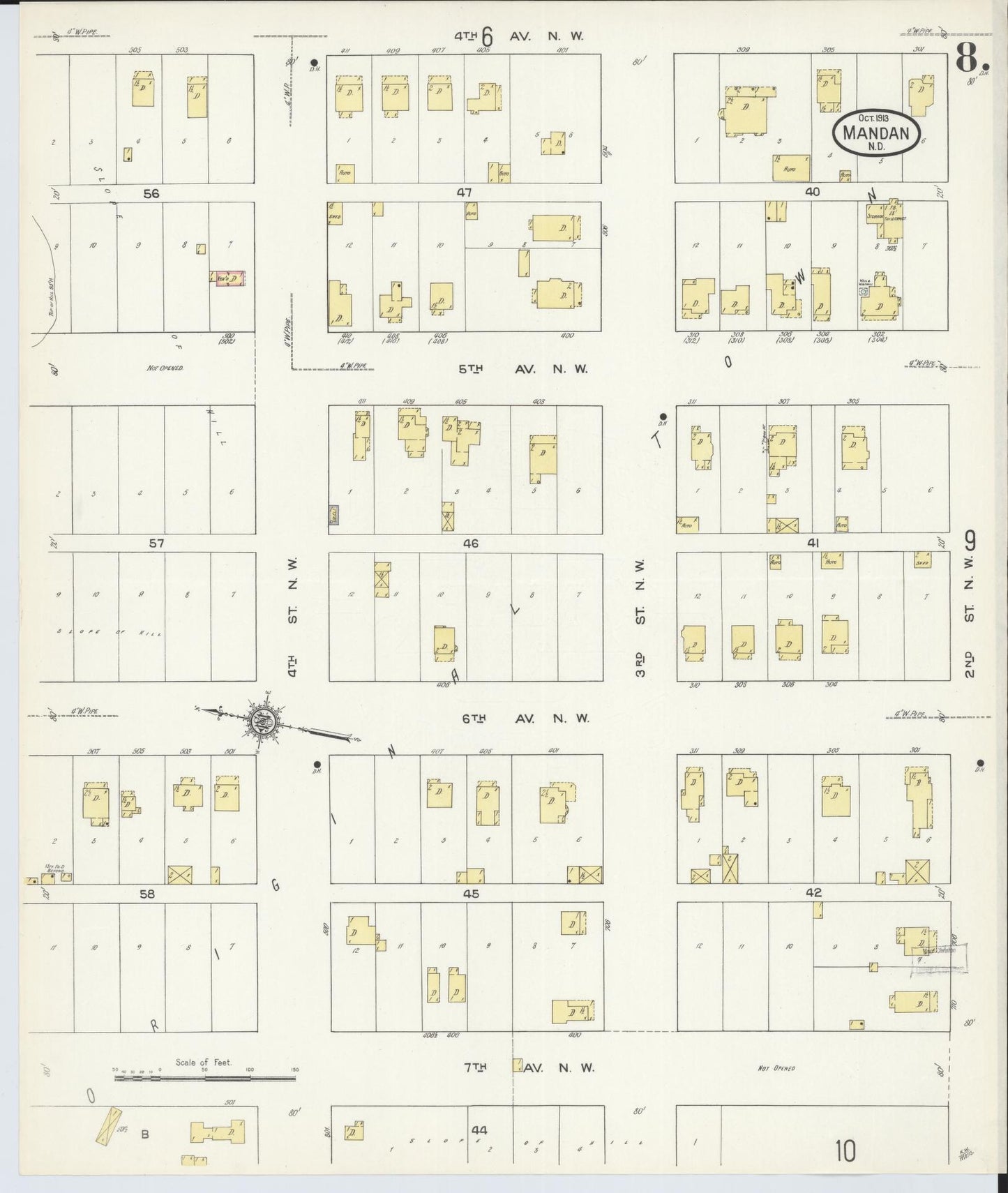 Sanborn Fire Insurance Map from Mandan, Morton County, North Dakota (1913), Sheet #0008 - Historic Sanborn Fire Insurance Map Print, vintage old map wall art, antique decor, genealogy gift, North Dakota North Dakota map