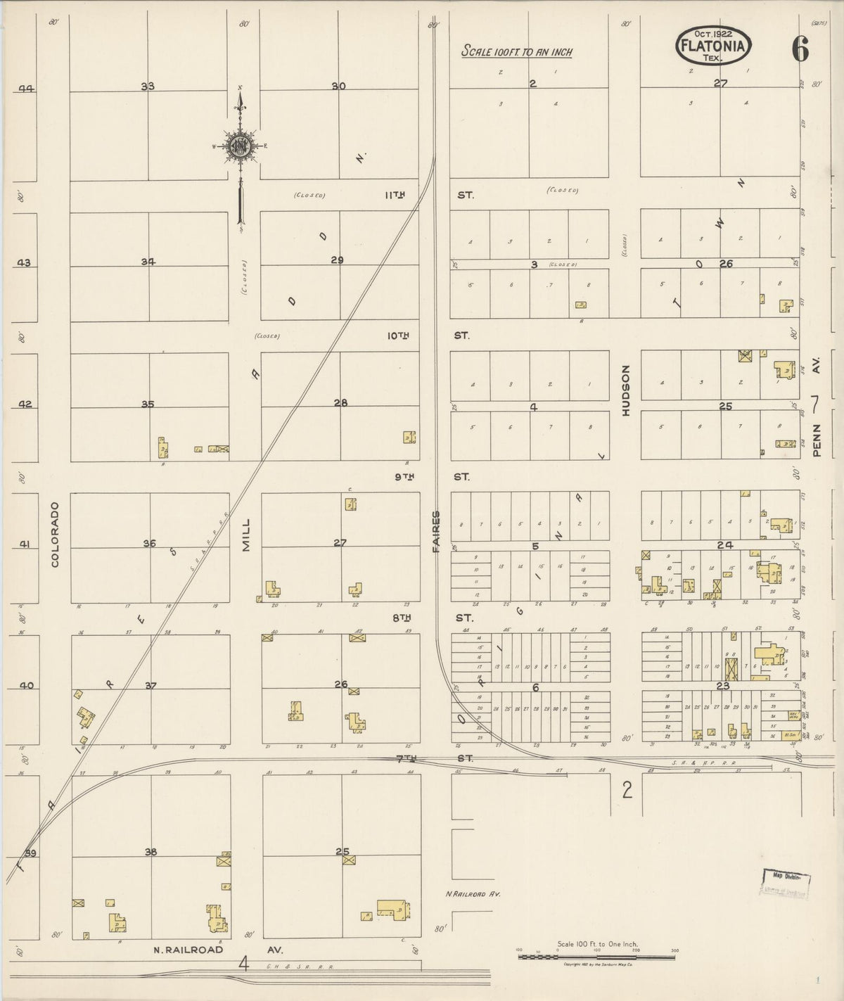 Sanborn Fire Insurance Map from Flatonia, Fayette County, Texas (1922), Sheet #0006 - Complete Map Set gallery image, historic Sanborn map, vintage wall art, Texas Texas