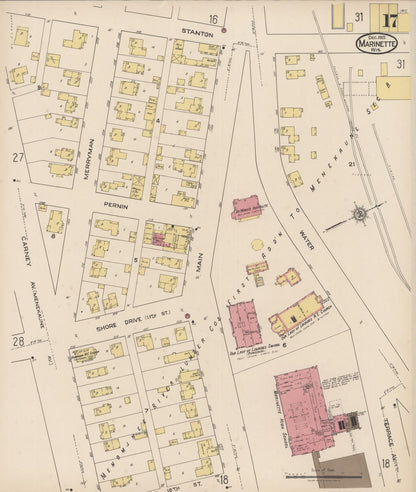 Sanborn Fire Insurance Map from Marinette, Marinette County, Wisconsin (1921), Sheet #0017 - Historic Sanborn Fire Insurance Map Print, vintage old map wall art, antique decor, genealogy gift, Wisconsin Wisconsin map