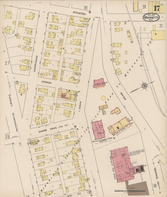 Sanborn Fire Insurance Map from Marinette, Marinette County, Wisconsin (1921), Sheet #0017 - Historic Sanborn Fire Insurance Map Print, vintage old map wall art, antique decor, genealogy gift, Wisconsin Wisconsin map