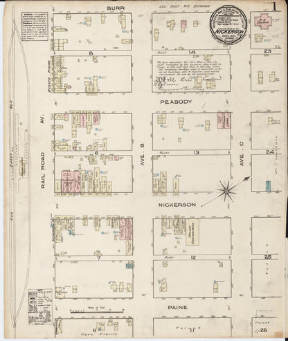 Sanborn Fire Insurance Map from Nickerson, Reno County, Kansas (1885), Sheet #0001 - Complete Map Set gallery image, historic Sanborn map, vintage wall art, Kansas Kansas