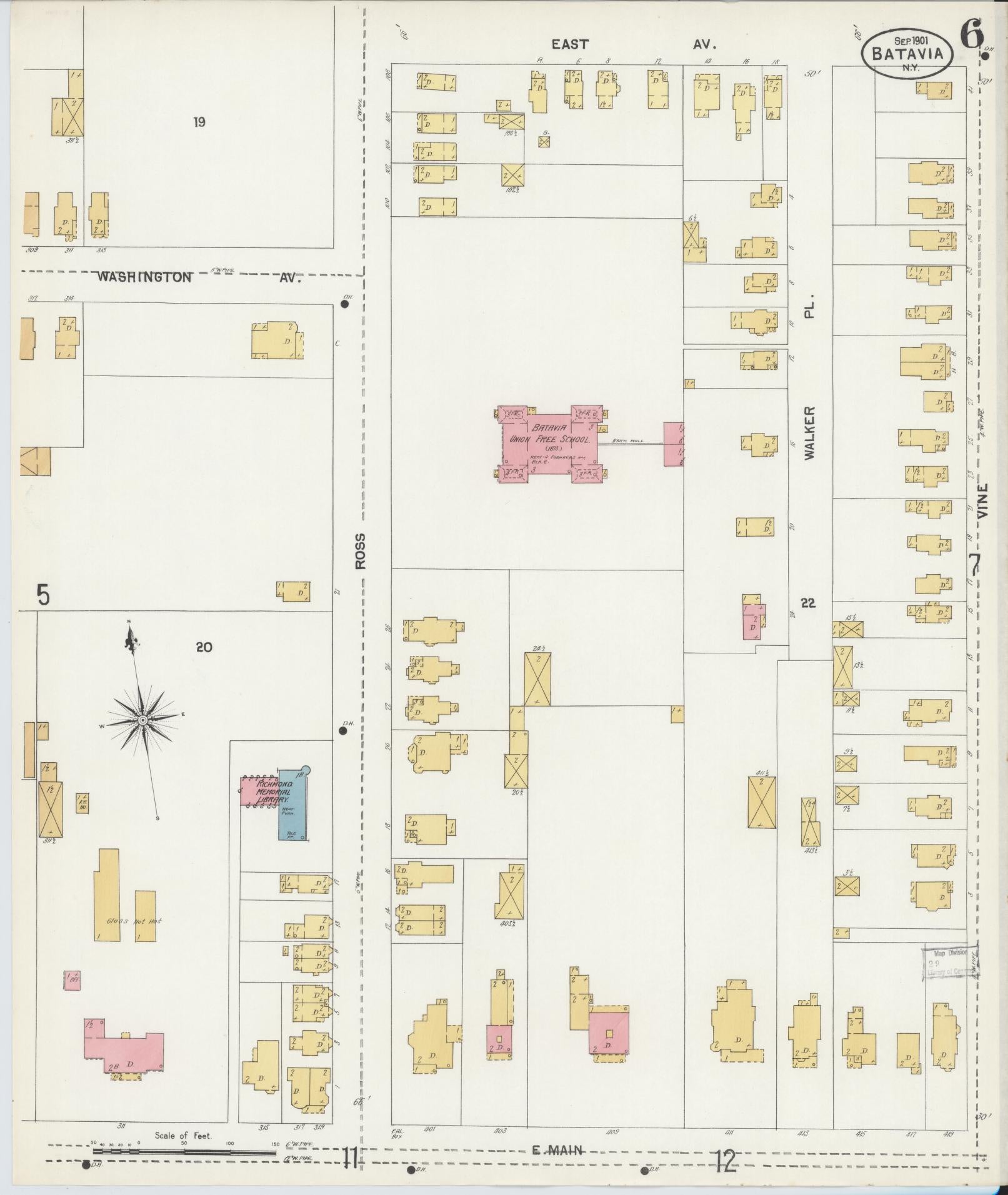 Sanborn Fire Insurance Map from Batavia, Genesee County, New York (1901), Sheet #0006 - Historic Sanborn Fire Insurance Map Print, vintage old map wall art, antique decor, genealogy gift, New York New York map