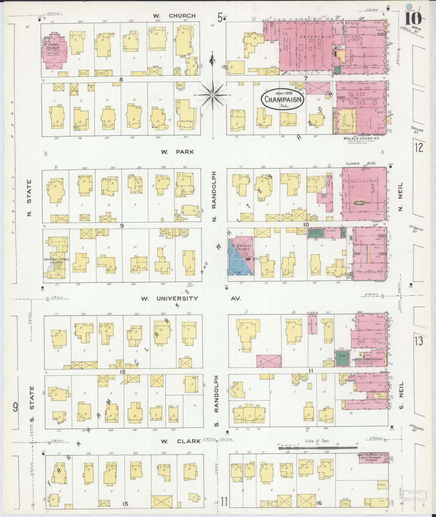Sanborn Fire Insurance Map from Champaign, Champaign County, Illinois (1909), Sheet #0010 - Historic Sanborn Fire Insurance Map Print, vintage old map wall art, antique decor, genealogy gift, Illinois Illinois map