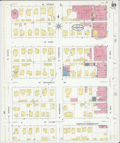 Sanborn Fire Insurance Map from Champaign, Champaign County, Illinois (1909), Sheet #0010 - Historic Sanborn Fire Insurance Map Print, vintage old map wall art, antique decor, genealogy gift, Illinois Illinois map