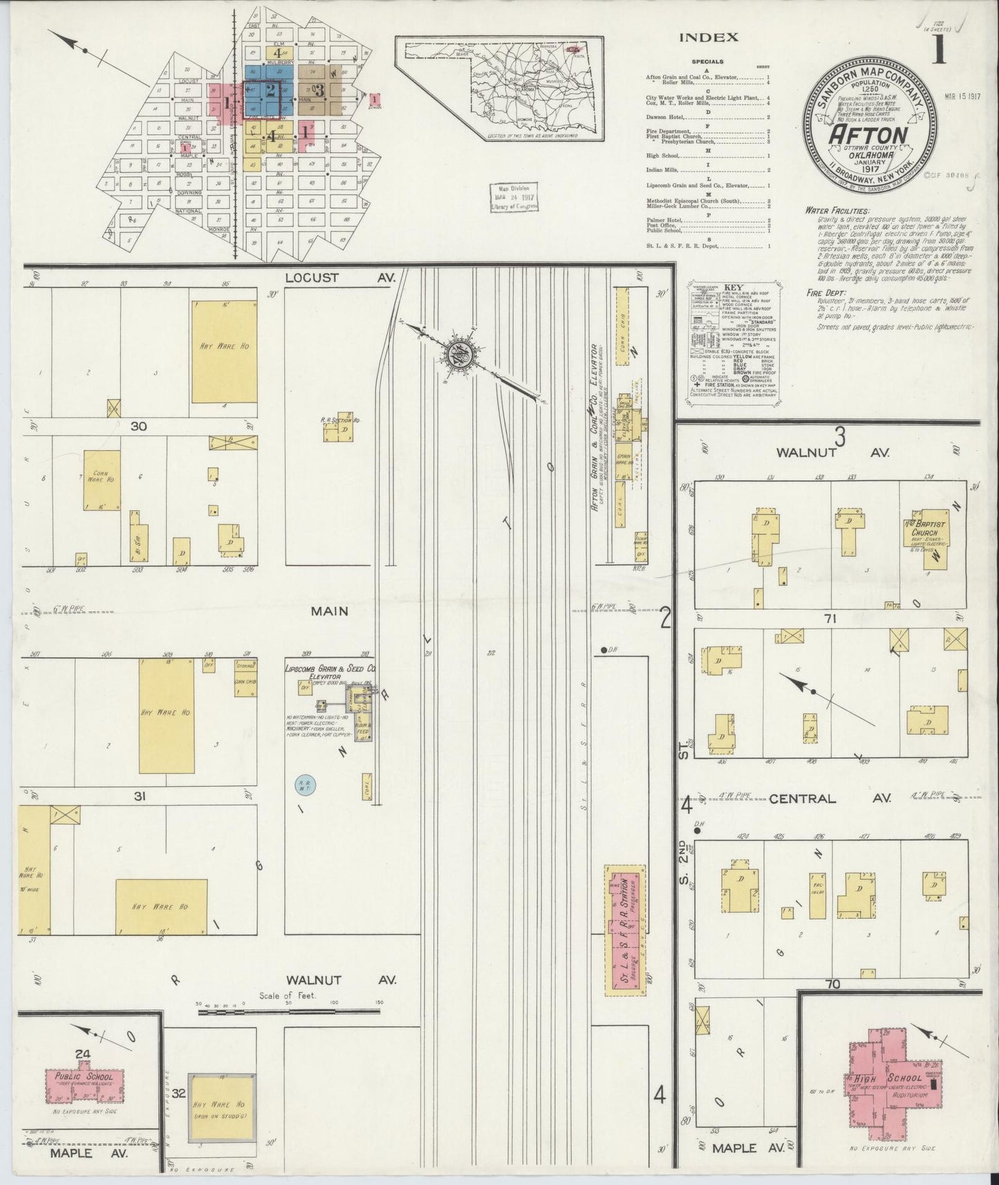 Sanborn Fire Insurance Map from Afton, Ottawa County, Oklahoma (1917), Sheet #0001 - Complete Map Set gallery image, historic Sanborn map, vintage wall art, Oklahoma Oklahoma