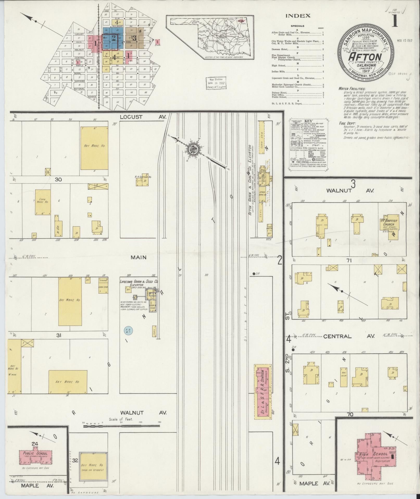 Sanborn Fire Insurance Map from Afton, Ottawa County, Oklahoma (1917), Sheet #0001 - Complete Map Set gallery image, historic Sanborn map, vintage wall art, Oklahoma Oklahoma