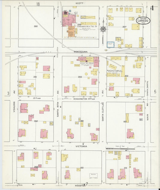 Sanborn Fire Insurance Map from Laredo, Webb County, Texas (1916), Sheet #0004 - Historic Sanborn Fire Insurance Map Print, vintage old map wall art, antique decor, genealogy gift, Texas Texas map