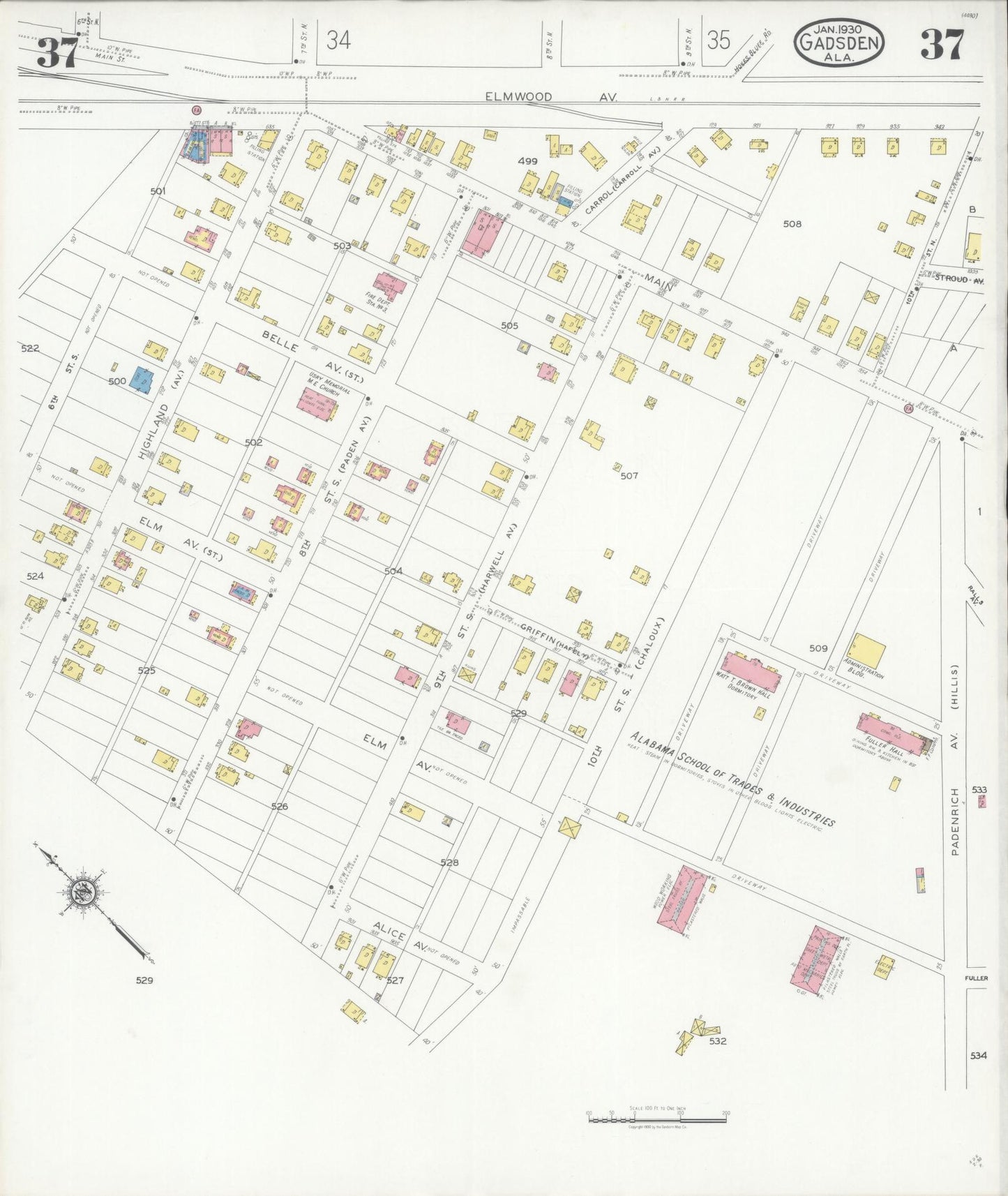 Sanborn Fire Insurance Map from Gadsden, Etowah County, Alabama (1930), Sheet #0037 - Complete Map Set gallery image, historic Sanborn map, vintage wall art, Alabama Alabama