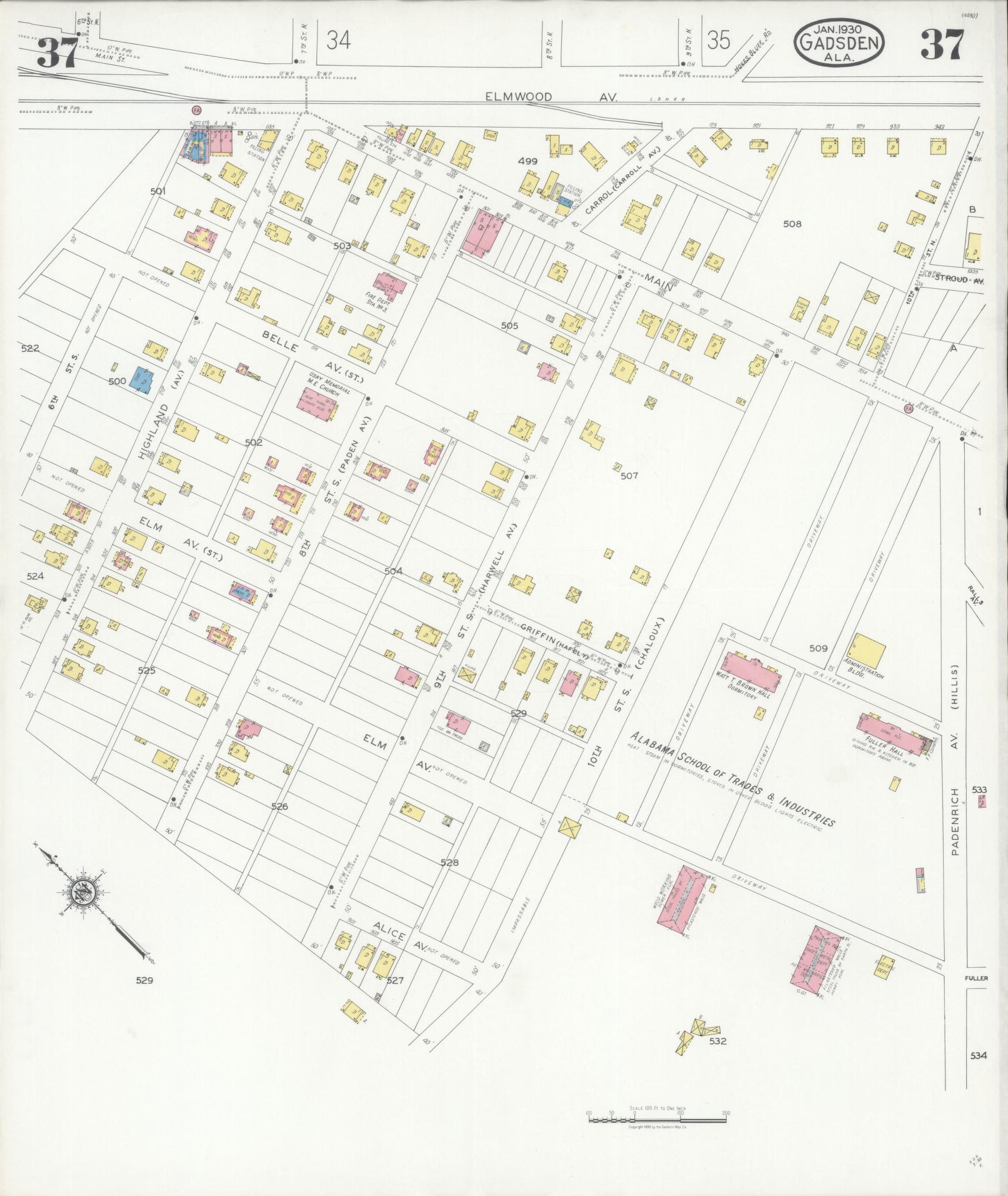 Sanborn Fire Insurance Map from Gadsden, Etowah County, Alabama (1930), Sheet #0037 - Complete Map Set gallery image, historic Sanborn map, vintage wall art, Alabama Alabama