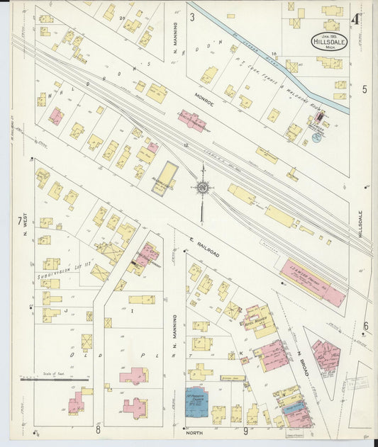 Sanborn Fire Insurance Map from Hillsdale, Hillsdale County, Michigan (1913), Sheet #0004 - Historic Sanborn Fire Insurance Map Print, vintage old map wall art, antique decor, genealogy gift, Michigan Michigan map
