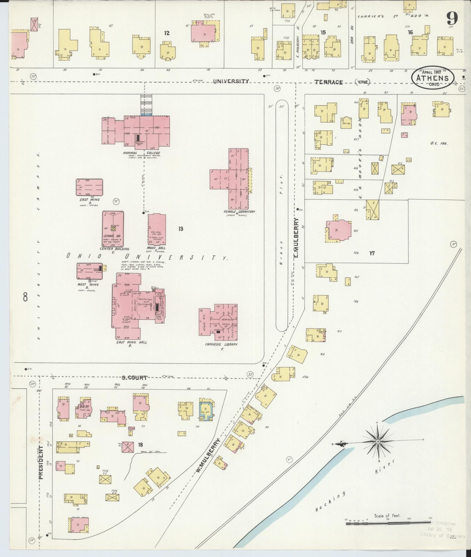 Sanborn Fire Insurance Map from Athens, Athens County, Ohio (1907), Sheet #0009 - Historic Sanborn Fire Insurance Map Print, vintage old map wall art, antique decor, genealogy gift, Ohio Ohio map