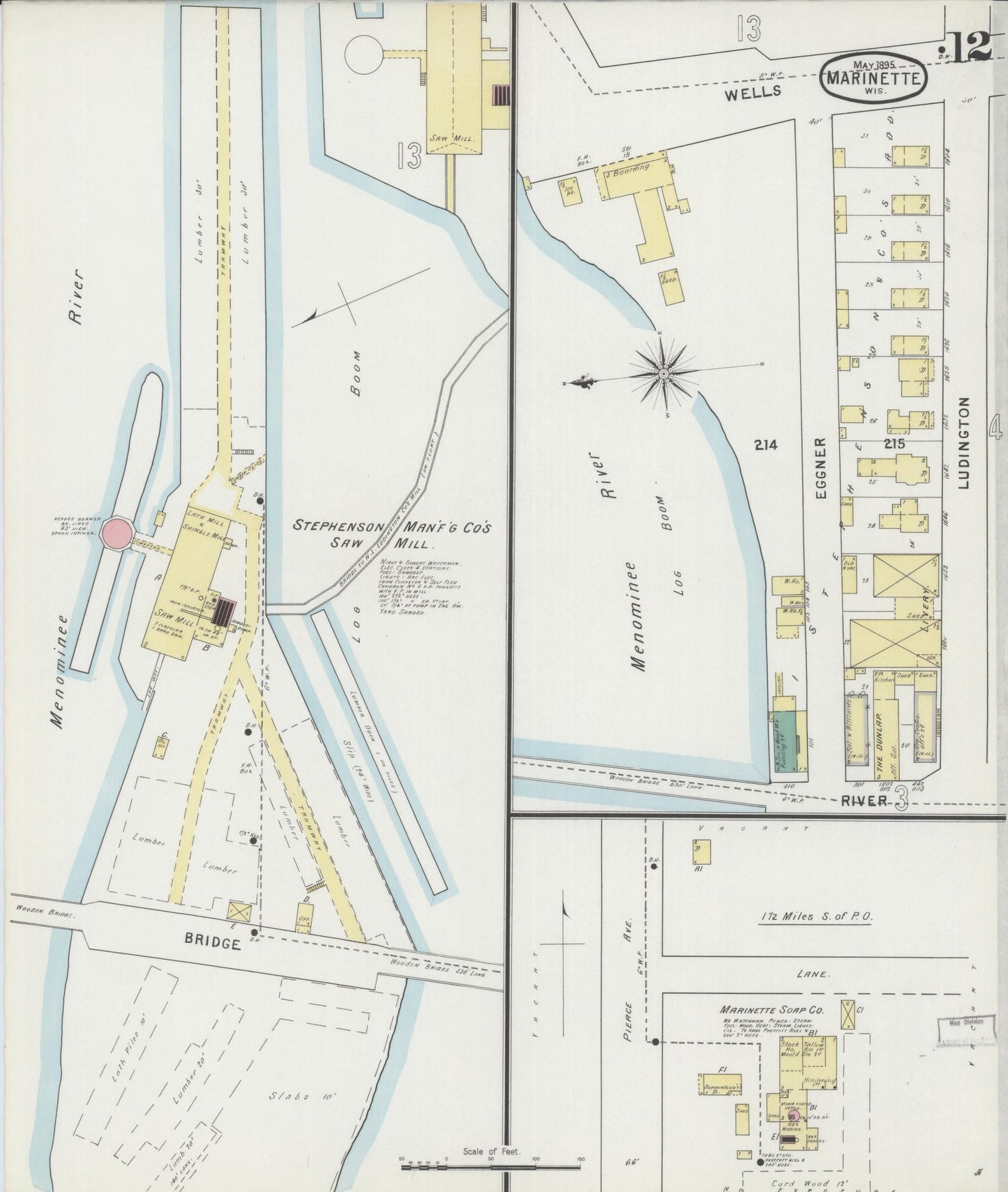 Sanborn Fire Insurance Map from Marinette, Marinette County, Wisconsin (1895), Sheet #0012 - Historic Sanborn Fire Insurance Map Print, vintage old map wall art, antique decor, genealogy gift, Wisconsin Wisconsin map