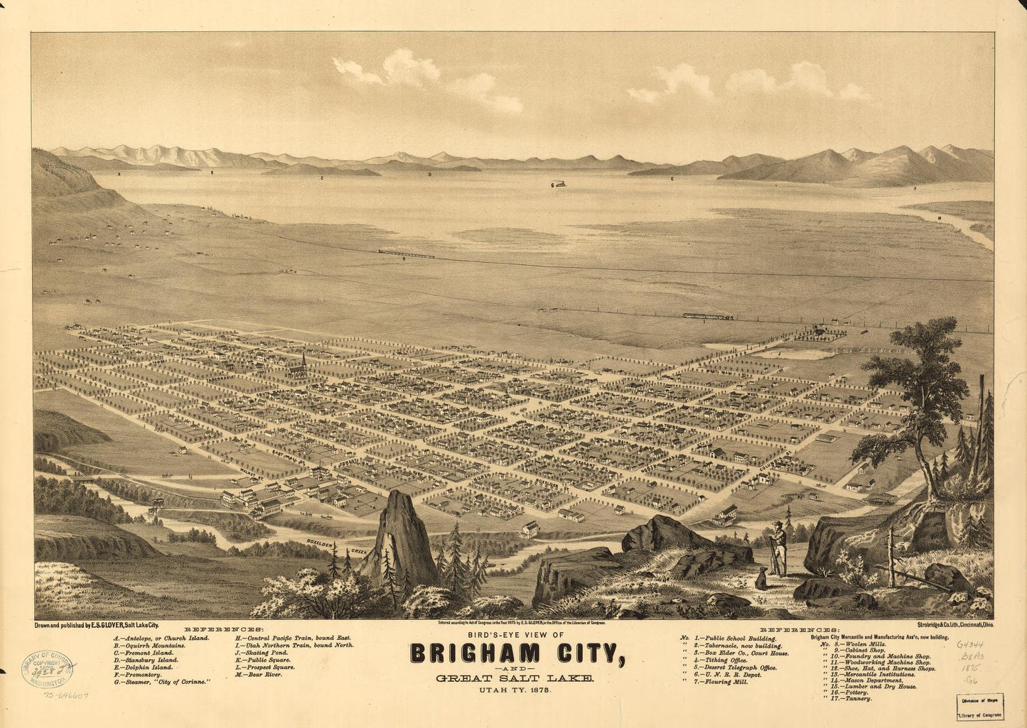 Bird's-eye view of Brigham City and Great Salt Lake, Utah, Ty. 1875. (1875) – Historic Bird’s-Eye View Panorama Print