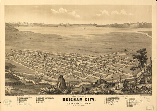 Bird's-eye view of Brigham City and Great Salt Lake, Utah, Ty. 1875. (1875) – Historic Bird’s-Eye View Panorama Print