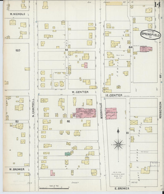 Sanborn Fire Insurance Map from Springfield, Greene County, Missouri (1891), Sheet #0014 - Historic Sanborn Fire Insurance Map Print, vintage old map wall art, antique decor, genealogy gift, Missouri Missouri map