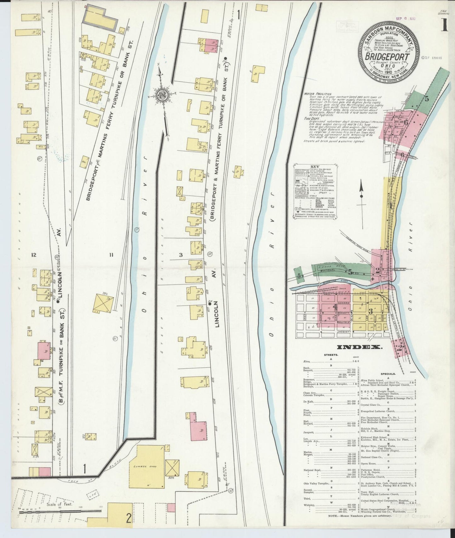 Sanborn Fire Insurance Map from Bridgeport, Belmont County, Ohio (1910), Sheet #0001 - Historic Sanborn Fire Insurance Map Print, vintage old map wall art, antique decor, genealogy gift, Ohio Ohio map