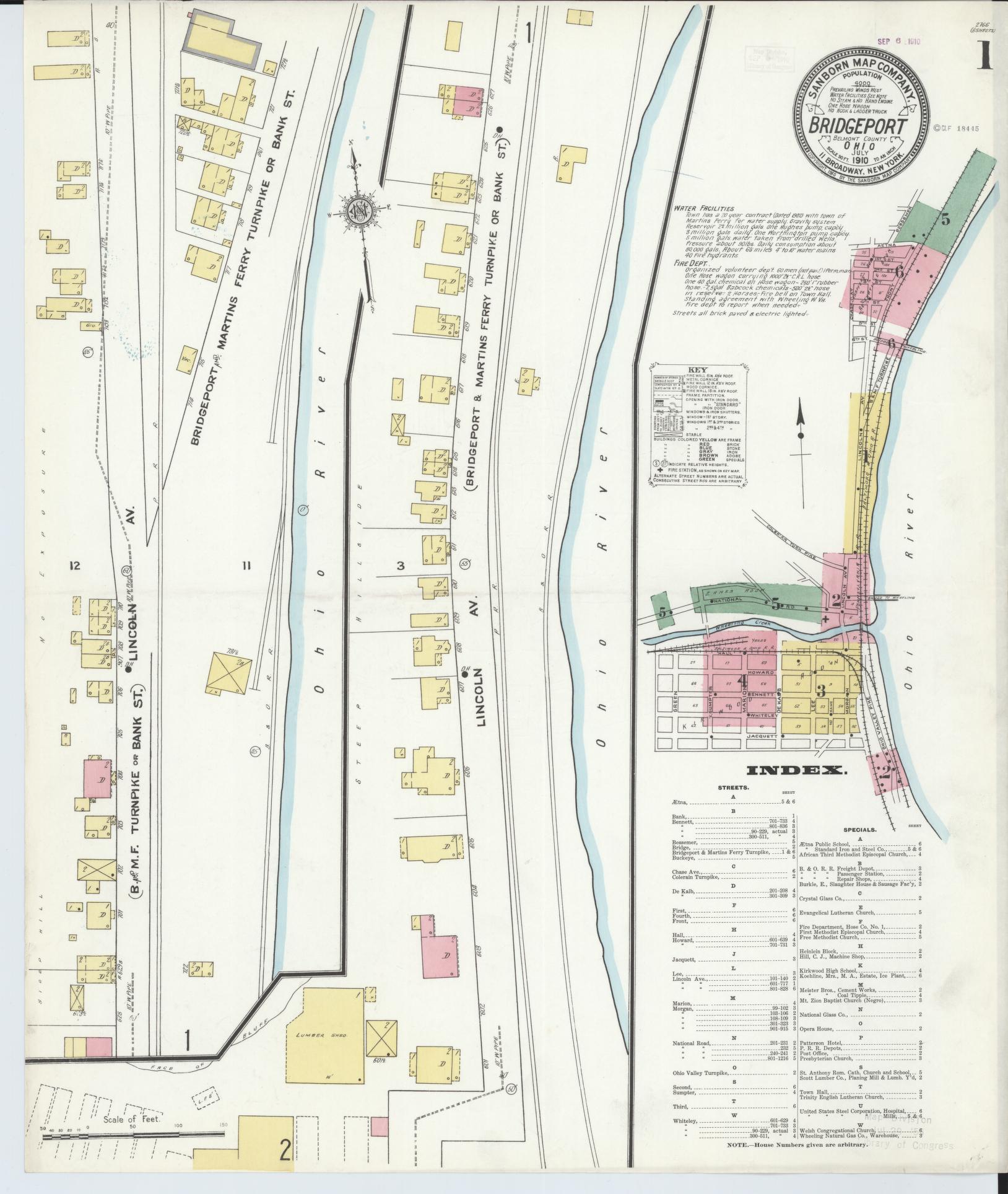 Sanborn Fire Insurance Map from Bridgeport, Belmont County, Ohio (1910), Sheet #0001 - Historic Sanborn Fire Insurance Map Print, vintage old map wall art, antique decor, genealogy gift, Ohio Ohio map