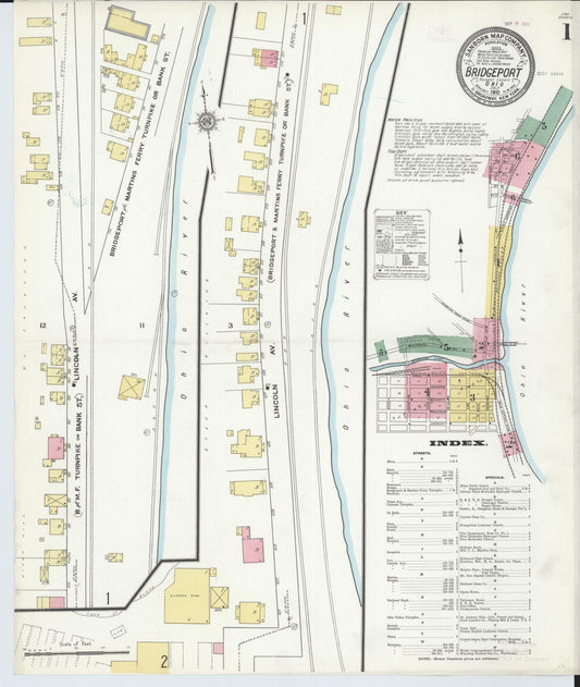 Sanborn Fire Insurance Map from Bridgeport, Belmont County, Ohio (1910), Sheet #0001 - Historic Sanborn Fire Insurance Map Print, vintage old map wall art, antique decor, genealogy gift, Ohio Ohio map