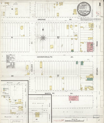 Sanborn Fire Insurance Map from Fullerton, Orange County, California (1894), Sheet #0001 - Complete Map Set gallery image, historic Sanborn map, vintage wall art, California California