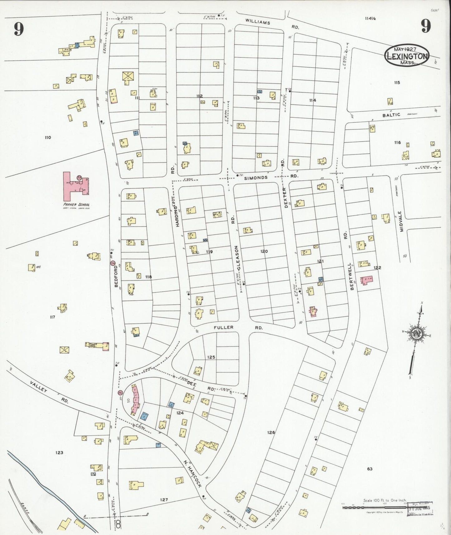 Sanborn Fire Insurance Map from Lexington, Middlesex County, Massachusetts (1927), Sheet #0009 - Historic Sanborn Fire Insurance Map Print, vintage old map wall art, antique decor, genealogy gift, Massachusetts Massachusetts map