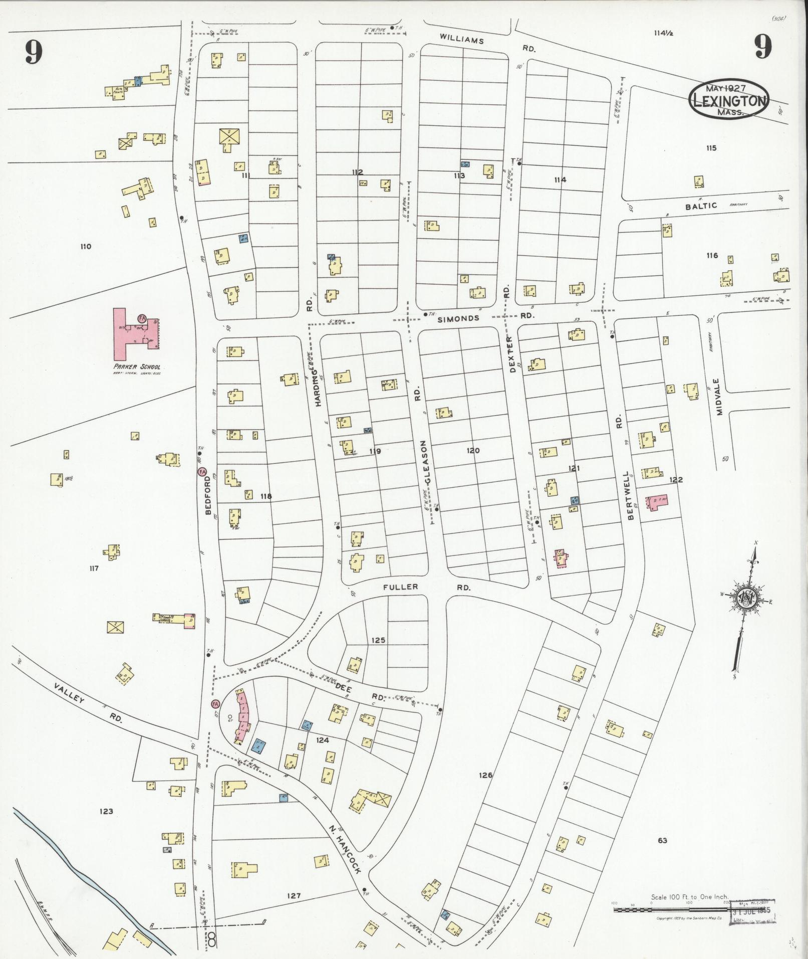 Sanborn Fire Insurance Map from Lexington, Middlesex County, Massachusetts (1927), Sheet #0009 - Historic Sanborn Fire Insurance Map Print, vintage old map wall art, antique decor, genealogy gift, Massachusetts Massachusetts map