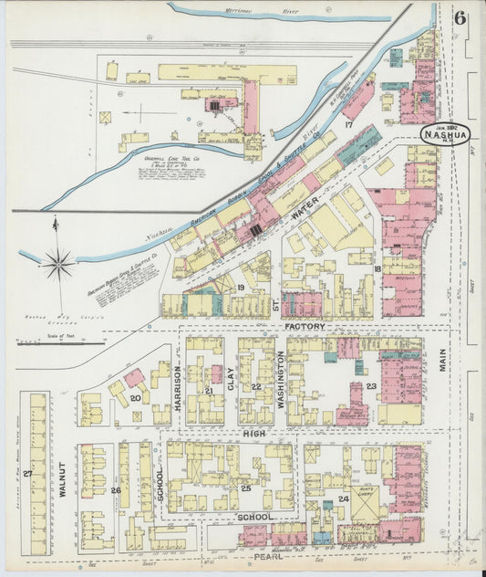 Sanborn Fire Insurance Map from Nashua, Hillsborough County, New Hampshire (1892), Sheet #0006 - Historic Sanborn Fire Insurance Map Print, vintage old map wall art, antique decor, genealogy gift, New Hampshire New Hampshire map