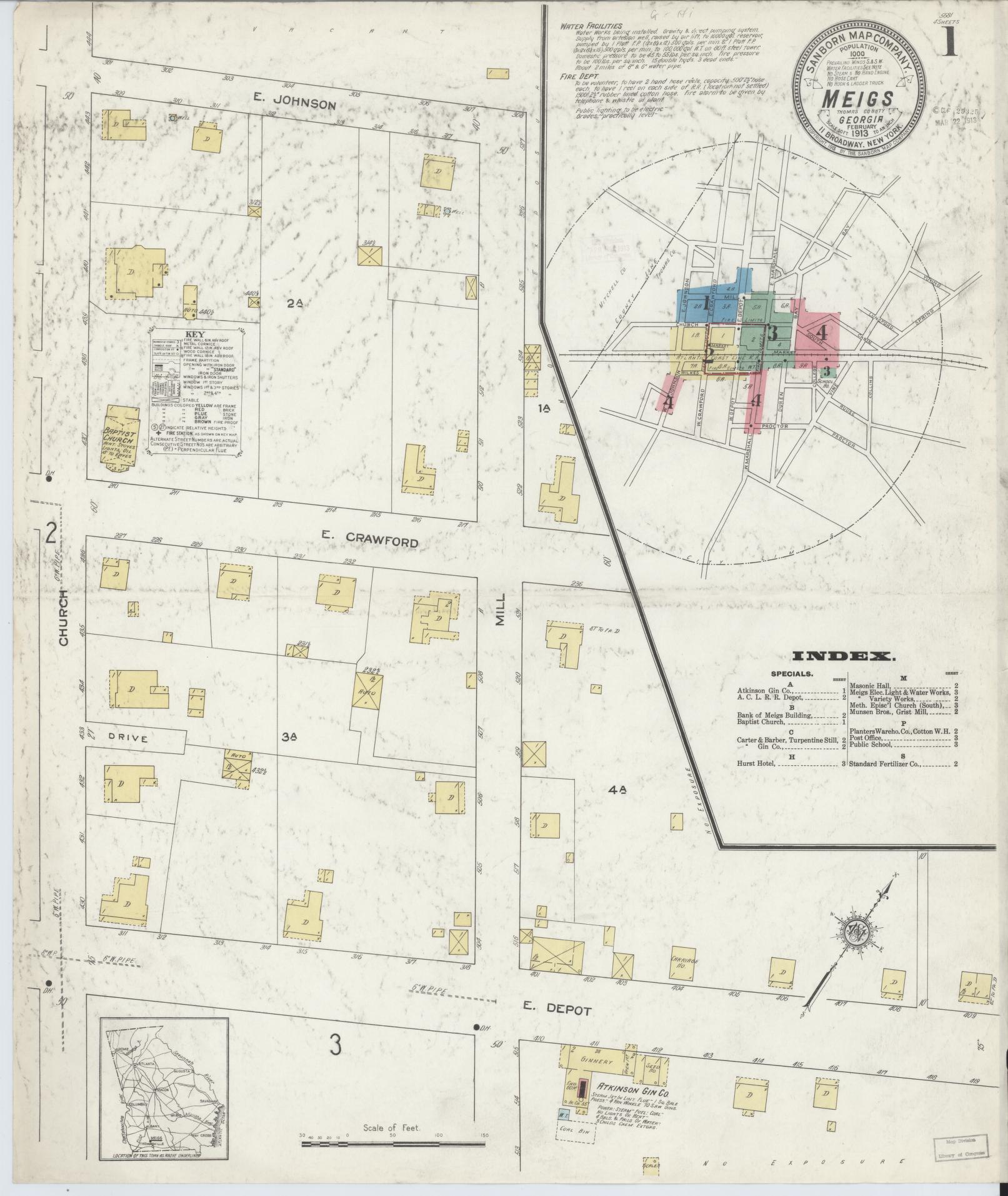 Sanborn Fire Insurance Map from Meigs, Thomas County, Georgia (1913), Sheet #0001 - Historic Sanborn Fire Insurance Map Print, vintage old map wall art, antique decor, genealogy gift, Georgia Georgia map