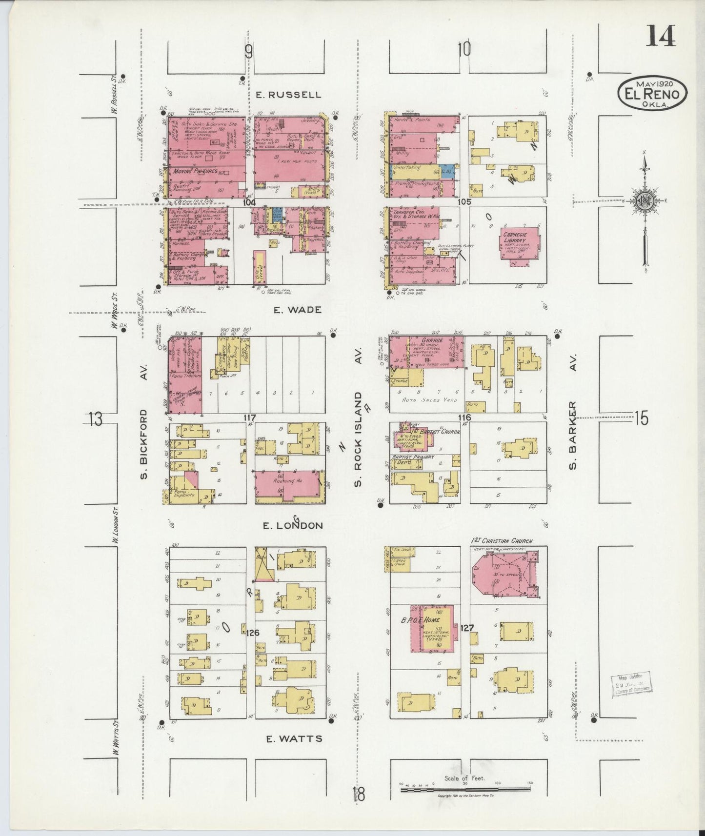 Sanborn Fire Insurance Map from El Reno, Canadian County, Oklahoma (1920), Sheet #0014 - Historic Sanborn Fire Insurance Map Print, vintage old map wall art, antique decor, genealogy gift, Oklahoma Oklahoma map